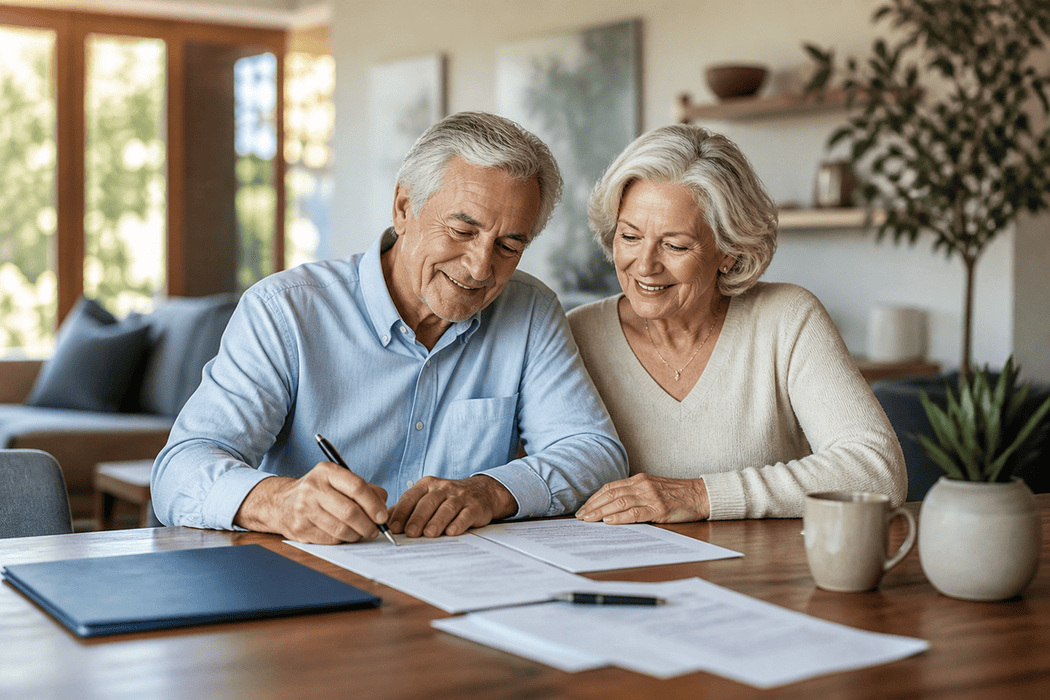 Happy senior couple reviewing estate planning documents together at home