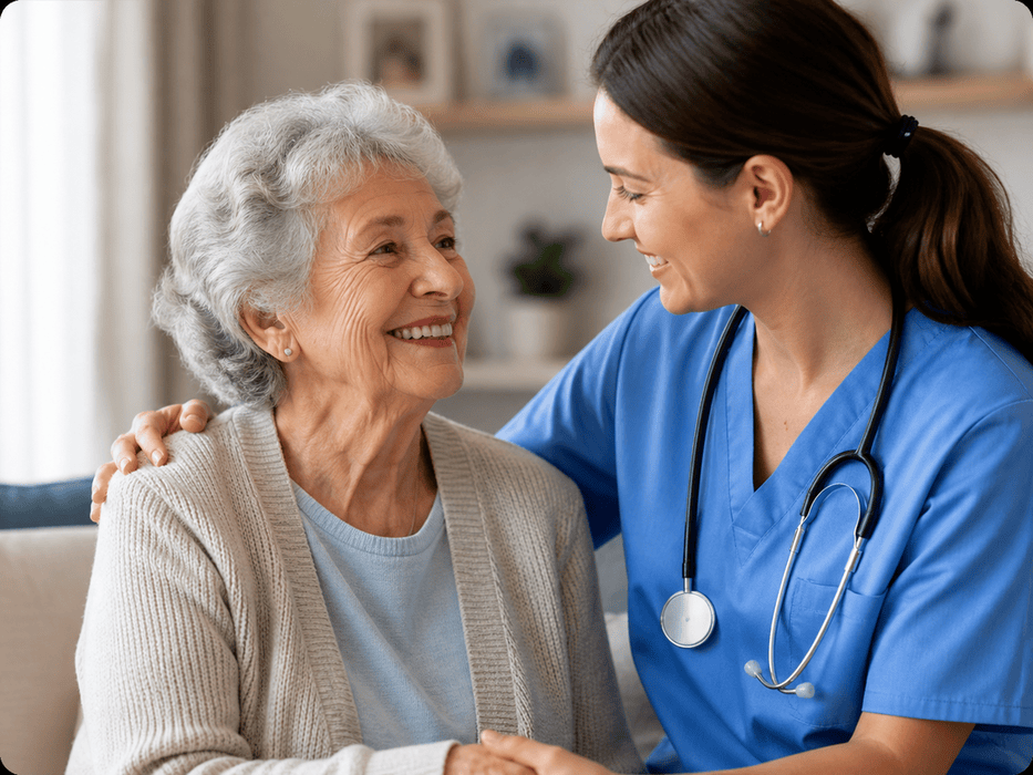 Elderly woman receiving compassionate care from a home healthcare nurse