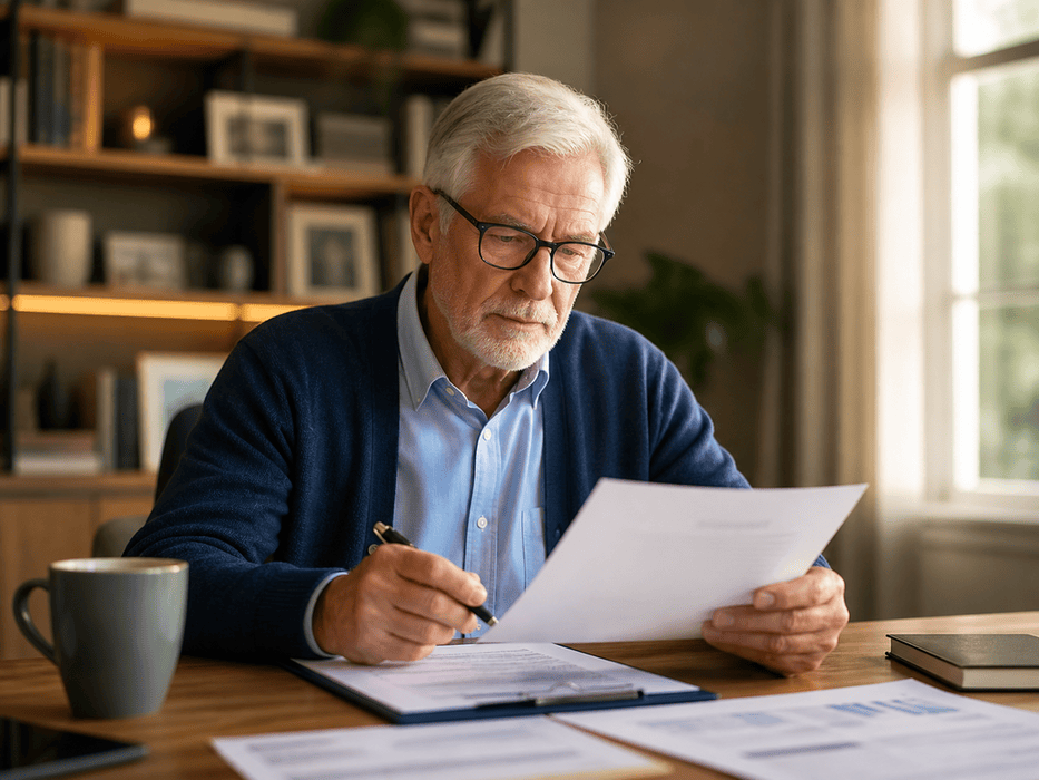 Senior man confidently reviewing financial plans with peace of mind